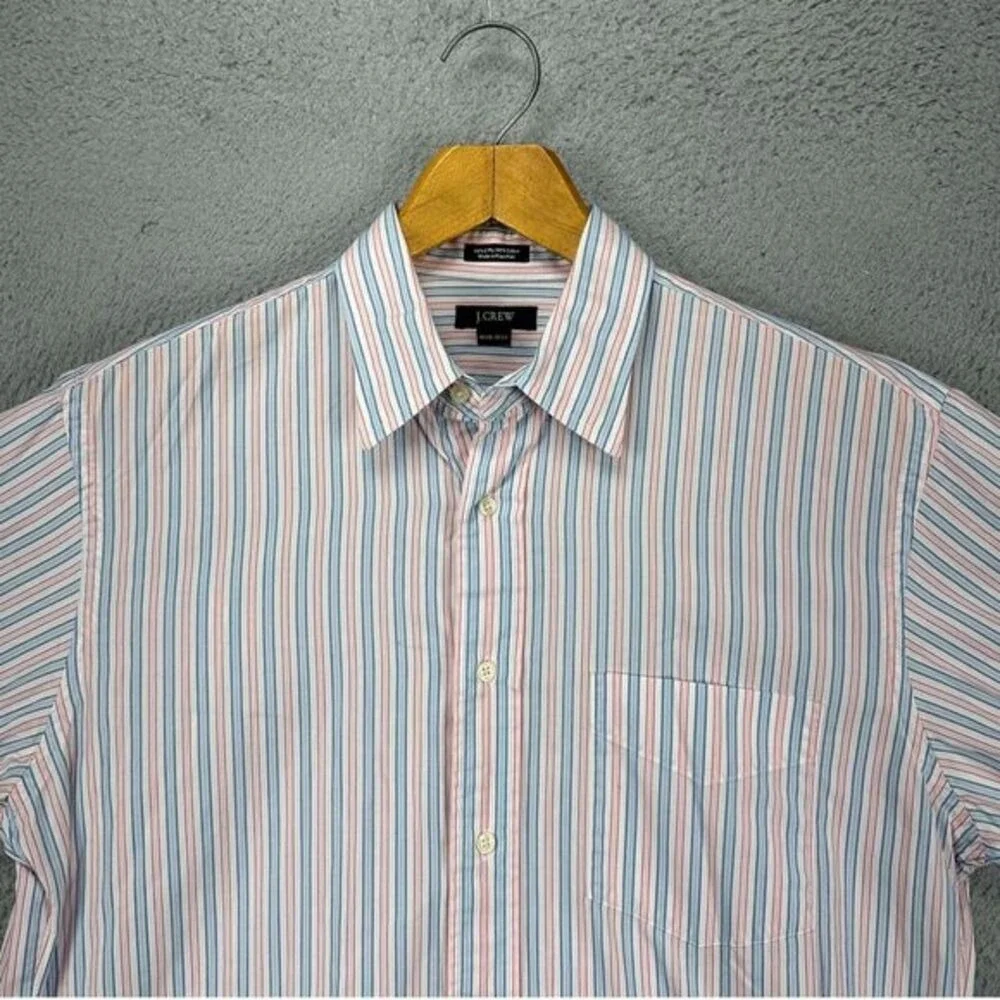 J Crew Dress Shirt Adult Medium 15-15.5 Blue Pink Striped Button Up Pocket Mens